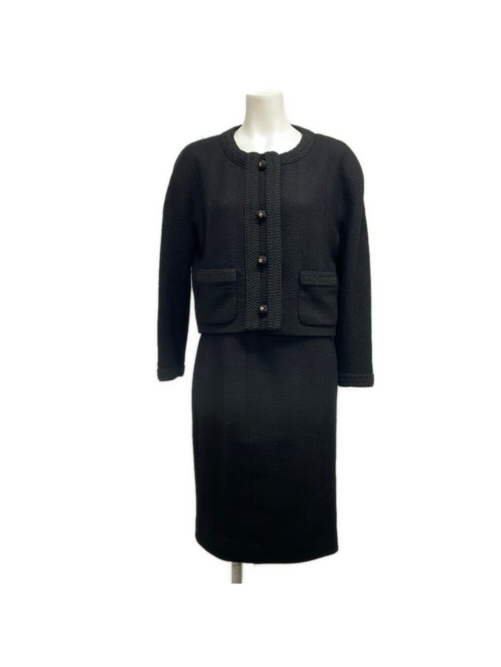 Chanel Skirt Suit Black Tweed CC Logo Button Wool